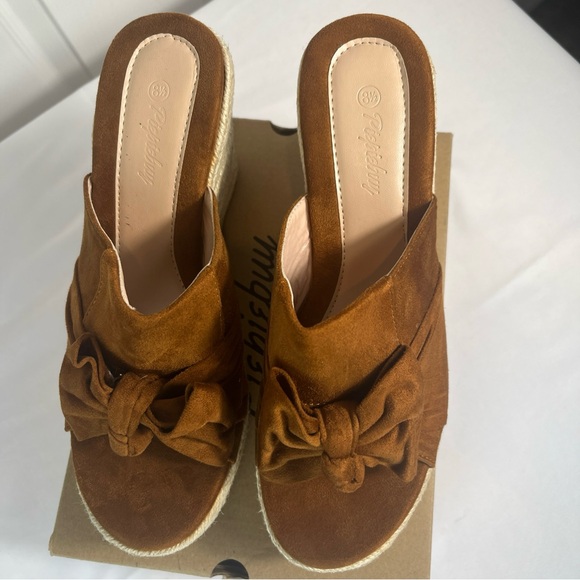 Brown Platform Espadrilles Slip On Wedge Sandals Bow Tie Womens 8.5 New - Picture 4 of 13
